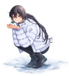 Rule 34 | 1girl, black footwear, black hair, black pants, boots, brown eyes, grin, hair between eyes, highres, holding, jacket, kantai collection, long hair, long sleeves, looking at viewer, machi (ritovoyage), nagato (kancolle), pants, simple background, smile, snow, snow rabbit, solo, squatting, twitter username, very long hair, white background, white jacket, winter clothes