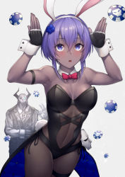 Rule 34 | 1boy, 2girls, :o, animal ears, arm strap, armpits, arms up, assassin (fate/zero), bare shoulders, black gloves, black leotard, black neckwear, blue eyes, blush, bodystocking, bow, bowtie, breasts, cleavage, coattails, collarbone, covered navel, cowboy shot, dark-skinned female, dark skin, detached collar, fake animal ears, fate/grand order, fate/prototype, fate/prototype: fragments of blue and silver, fate/zero, fate (series), female assassin (fate/zero), fingerless gloves, formal, gloves, grey background, hair between eyes, hair ornament, hairband, hassan of serenity (fate), horns, king hassan (fate), kyoeiki, leotard, looking back, mask, medium breasts, multiple girls, necktie, pantyhose, parted bangs, playboy bunny, poker chip, purple hair, rabbit ears, rabbit tail, red bow, red neckwear, short hair, simple background, solo focus, sparkling eyes, suit, tail, thigh strap, traditional bowtie, white hairband, wrist cuffs