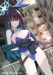 Rule 34 | 1girl, absurdres, animal ears, assault rifle, bare shoulders, belt, black hair, blue archive, blue eyes, blue gloves, blue hair, bow, bowtie, breasts, detached collar, dutch angle, fake animal ears, gloves, grin, gun, halo, highres, kojima takeshi, leotard, long hair, looking at viewer, medium breasts, multicolored hair, playboy bunny, rabbit ears, rifle, saori (blue archive), smile, solo, two-tone hair, weapon