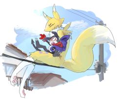 Rule 34 | 00s, 1boy, 1girl, animal ears, closed eyes, digimon, digimon (creature), digimon tamers, feet, fox ears, fox tail, furry, gloves, height difference, impmon, neck fur, pawpads, power lines, red gloves, red scarf, renamon, scarf, sitting, sitting on lap, sitting on person, soles, tail, toes, yuriyuri (ccc)