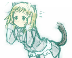 Rule 34 | 1girl, :c, animal ears, blonde hair, blush, elma leivonen, female focus, frown, green eyes, hands on own head, izuoku, jacket, leaning forward, long sleeves, military, military uniform, short hair, simple background, sketch, solo, strike witches, tail, uniform, weasel ears, weasel tail, white background, world witches series
