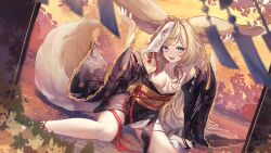 Rule 34 | 1girl, :d, absurdres, animal ears, autumn, black kimono, blonde hair, blue eyes, blurry, blurry foreground, breasts, cleavage, commission, frilled sleeves, frills, highres, japanese clothes, kimono, long hair, long sleeves, looking at viewer, obi, open mouth, original, red ribbon, ribbon, sash, short kimono, sitting, skeb commission, small breasts, smile, solo, tail, una kamra, very long hair, wariza, wide sleeves
