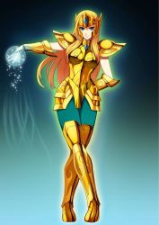 Rule 34 | 1girl, armor, armored boots, blonde hair, blue eyes, boots, gauntlets, gold armor, gold cloth, highres, long hair, looking at viewer, pauldrons, saint seiya, shoulder armor, smile, solo