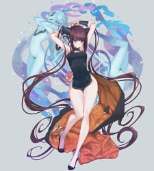 Rule 34 | 3girls, armpits, arms behind head, arms up, bare shoulders, black dress, black footwear, blue eyes, blue fire, blue skin, blunt bangs, blush, breasts, china dress, chinese clothes, cleavage, closed mouth, colored skin, detached sleeves, dress, fate/grand order, fate (series), fire, floral print, full body, grey background, hair ornament, high heels, leaf hair ornament, legs, long hair, looking at viewer, medium breasts, mins (minevi), multiple girls, pointy ears, purple hair, side slit, sidelocks, solo focus, twintails, very long hair, yang guifei (fate), yang guifei (second ascension) (fate)