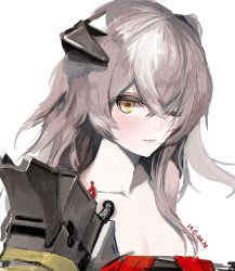 Rule 34 | 1girl, artist name, breasts, closed mouth, collarbone, e.de.n, girls&#039; frontline, grey hair, hair between eyes, hair ornament, lips, long hair, looking at viewer, mechanical arms, one eye closed, single mechanical arm, solo, ump45 (girls&#039; frontline), ump45 (mod3) (girls&#039; frontline), white background, yellow eyes