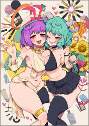 Rule 34 | 2girls, :d, armpit peek, bare shoulders, black bra, black legwear, black skirt, blush, bow, bra, breast press, breasts, cosmetics, detached sleeves, feet out of frame, flower, green hair, grin, hair bow, hand up, hat, horns, jewelry, kazami yuuka, large breasts, legband, lipstick tube, looking at viewer, makeup, miniskirt, multiple girls, nagae iku, navel, necklace, o-ring, one eye closed, open mouth, pearl necklace, pleated skirt, plump, purple eyes, red bow, red eyes, ring, sakurai energy, sharp teeth, short hair, skirt, smile, standing, sunflower, symmetrical docking, teeth, thighhighs, thighlet, thumb ring, touhou, underwear