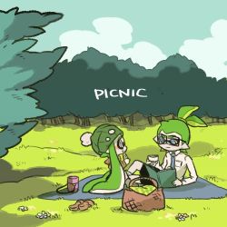 Rule 34 | 1boy, 1girl, beanie, blue eyes, commentary request, forest, glasses, green hair, hat, inkling, inkling boy, inkling girl, inkling player character, lowres, nana (raiupika), nature, nintendo, outdoors, picnic, splatoon (series), splatoon 1, tentacle hair, topknot