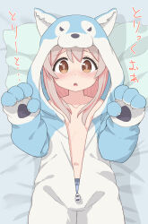 Rule 34 | 1girl, :o, animal costume, animal ear fluff, animal ears, animal hood, bed sheet, blue panties, blush, bow, bow panties, breasts, brown eyes, brown hair, collarbone, commentary request, fake animal ears, hair between eyes, hands up, highres, hood, hood up, looking at viewer, lying, nose blush, on back, onii-chan wa oshimai!, open mouth, oyama mahiro, panties, pillow, small breasts, solo, takasuma hiro, translated, underwear, unzipped, wolf costume, wolf ears, wolf hood