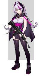 Rule 34 | 1girl, absurdres, arianna foxton, assault rifle, black cape, black gloves, black thighhighs, breasts, cape, cleavage, closed mouth, commission, distr, fingerless gloves, full body, gloves, grey background, grey hair, gun, highres, holding, holding gun, holding weapon, indie virtual youtuber, long hair, looking at viewer, medium breasts, pelvic curtain, rifle, signature, solo, standing, thighhighs, trigger discipline, virtual youtuber, weapon, yellow eyes