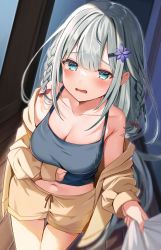 Rule 34 | 1girl, bare shoulders, black shirt, blouse, blue eyes, braid, breasts, camisole, cleavage, collarbone, cowboy shot, frown, grey hair, hair ornament, hairclip, highres, large breasts, long hair, looking at viewer, midriff, navel, off shoulder, open mouth, original, satoupote, shirt, short shorts, shorts, sleeveless, sleeveless shirt, solo, spaghetti strap, very long hair, yellow shorts