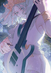 Rule 34 | 1girl, blue eyes, blue hair, bracelet, chinese commentary, commentary request, cowboy shot, diadem, dress, electric guitar, final fantasy, final fantasy xiv, from below, grin, guitar, hand up, highres, instrument, jewelry, looking down, menphina, music, playing instrument, short hair, short twintails, sleeveless, sleeveless dress, smile, solo, twintails, white dress, wo dou gao shi&#039;er shennu