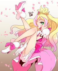 Rule 34 | 1girl, :d, blonde hair, blush, bow, cure flora, dated, de (deys), gloves, go! princess precure, gradient hair, green eyes, haruno haruka, long hair, looking at viewer, magical girl, multicolored hair, open mouth, petals, pink eyes, precure, signature, smile, solo, two-tone hair, waist bow, white gloves