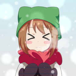 Rule 34 | &gt; &lt;, 1girl, :3, > <, alternate costume, blush stickers, brown hair, cato (monocatienus), chen, coat, commentary request, closed eyes, facing viewer, hat, mittens, red scarf, scarf, short hair, simple background, snowing, solo, steam, touhou, upper body, white coat, winter clothes, x3