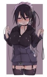 Rule 34 | 1girl, bad id, bad pixiv id, black hoodie, black thighhighs, blush, body writing, breasts, brown background, brown hair, collarbone, cropped legs, garter straps, grin, hair between eyes, heart, heavy breathing, holding, holding leash, hood, hood down, hoodie, leash, long hair, long sleeves, maid headdress, medium breasts, original, parted lips, purple eyes, pussy juice, remote control vibrator, sex toy, side ponytail, smile, solo, tally, thighhighs, tsuka, two-tone background, very long hair, vibrator, white background