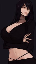 Rule 34 | 1girl, absurdres, arms under breasts, black hair, breasts, choker, cleavage, collarbone, crossed arms, earrings, ennuigrl, erato (ennuigirl), hair between eyes, hand on own arm, highres, jewelry, large breasts, lips, long hair, midriff, navel, original, parted lips, plunging neckline, shaded face, solo, stomach, upper body, yellow eyes