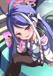 Rule 34 | 1girl, antenna hair, armband, badge, black pantyhose, blue archive, blue armband, blue hair, blue necktie, blue vest, blush, bow, collared shirt, doughnut, fangs, food, fubuki (blue archive), fumi (fumibeing), grey hair, hair bow, hair ornament, halo, heart, heart hair ornament, highres, holding, holding food, jacket, long hair, long sleeves, looking at viewer, multicolored hair, necktie, open mouth, pantyhose, parted bangs, police, police badge, police uniform, red eyes, shirt, sitting, twintails, uniform, vest, white bow, white jacket, white shirt