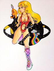 Rule 34 | absurdres, babbittybabbitt, belly piercing, blonde hair, boots, breasts, gloves, highres, large breasts, medium breasts, piercing, pubic hair, shooting star, space, space gun, swimsuit, ufo