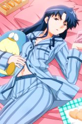 Rule 34 | 1girl, blue eyes, blue hair, blue pajamas, cookie, feet out of frame, food, fujiwara aya, hugging object, long hair, long sleeves, lying, navel, non-web source, official art, on back, open mouth, pajamas, partially unbuttoned, photoshop (medium), solo, striped clothes, striped pajamas, stuffed animal, stuffed toy, super real mahjong, tanaka ryou