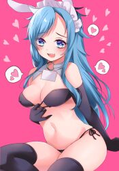 Rule 34 | 1girl, :d, animal ears, arm support, bare shoulders, bikini, black thighhighs, blue eyes, blue hair, blush, bra, bra pull, breasts, clothes pull, covered erect nipples, elbow gloves, fake animal ears, fang, feet out of frame, gloves, heart, heart-shaped pupils, highres, himemushi momoyo, long hair, looking at viewer, maid headdress, medium breasts, meimei (meimei89008309), navel, open mouth, pink background, simple background, sitting, smile, solo, spoken heart, swept bangs, swimsuit, symbol-shaped pupils, teeth, thighhighs, touhou, underwear, upper teeth only, very long hair, ||/