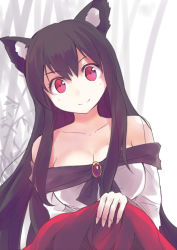 Rule 34 | 1girl, animal ears, bamboo, bamboo forest, bare shoulders, black hair, breasts, brooch, cleavage, collarbone, colored eyelashes, culter, forest, head tilt, imaizumi kagerou, jewelry, large breasts, long hair, long sleeves, nature, pink eyes, shirt, skirt, smile, solo, touhou, very long hair, werewolf, wide sleeves, wolf ears