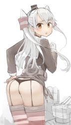 Rule 34 | 10s, 1girl, :o, amatsukaze (kancolle), ass, brown eyes, garter straps, highres, kantai collection, long hair, looking back, nijitama shiyushiyu, panties, solo, standing, striped clothes, striped thighhighs, thighhighs, two side up, underwear, white hair