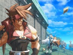 Rule 34 | 1boy, 2girls, arc system works, belt, blonde hair, blue hair, brown hair, buckle, day, dizzy (guilty gear), forehead protector, guilty gear, guilty gear xx, hat, looking back, may (guilty gear), motion blur, multiple girls, muscular, non-web source, official art, orange hat, outdoors, red eyes, screencap, sol badguy, spiked hair, standing, sword, upper body, weapon, wings
