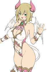 Rule 34 | 1girl, :d, \||/, bare shoulders, blonde hair, breasts, brooch, cleavage, cleavage cutout, clothing cutout, collarbone, cowboy shot, demon girl, green eyes, hair between eyes, hand up, highleg, highres, horns, houtengeki, jewelry, large breasts, looking at viewer, navel, navel cutout, open mouth, original, pointy ears, short hair, simple background, smile, solo, standing, thighhighs, white background, wings, wrist cuffs