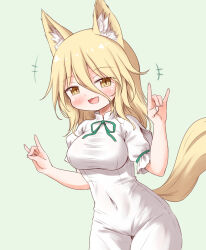 Rule 34 | +++, 1girl, animal ears, arinu, blonde hair, blush, breasts, cowboy shot, double fox shadow puppet, fingernails, fox ears, fox shadow puppet, fox tail, green background, green ribbon, highres, kudamaki tsukasa, large breasts, open mouth, ribbon, romper, short hair, short sleeves, simple background, smile, solo, tail, touhou, white romper, yellow eyes