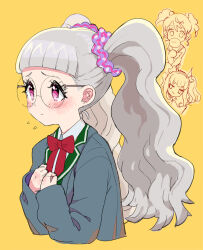 Rule 34 | 3girls, alternate hairstyle, blunt bangs, blush, bow, closed mouth, collared shirt, cropped torso, doodle inset, flying sweatdrops, glasses, grey hair, grey jacket, hair ornament, hair scrunchie, hands on own chest, hands up, idol time pripara, jacket, koda michiru, kurosu aroma, long hair, long sleeves, looking up, moudoku (decopon3rd), multiple girls, pretty series, pripara, red bow, round eyewear, scrunchie, shiratama mikan, shirt, shy, solo focus, twintails, upper body, very long hair, wavy hair, white shirt, yellow background