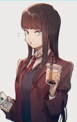Rule 34 | 1girl, alternate costume, bad id, bad pixiv id, black hair, black vest, blunt bangs, bubble tea, collared shirt, contemporary, cup, disposable cup, drinking straw, final fantasy, final fantasy xiv, from side, green eyes, hand up, highres, holding, holding cup, hyur, jacket, kuroge (kewagyuu), long hair, mole, mole under mouth, necktie, notice lines, parted lips, red jacket, red necktie, school uniform, shirt, sidelocks, simple background, solo, straight hair, upper body, vest, white background, white shirt, yotsuyu goe brutus