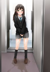 Rule 34 | 1girl, aqua necktie, between legs, black jacket, black socks, blush, brown footwear, brown hair, closed mouth, collarbone, embarrassed, female focus, gokiburi no dashi, green eyes, grey skirt, hand between legs, have to pee, highres, idolmaster, idolmaster cinderella girls, indoors, jacket, jewelry, kneehighs, long hair, long sleeves, looking at viewer, miniskirt, necklace, necktie, nose blush, own hands together, peeing, peeing self, pleated skirt, puddle, school uniform, shibuya rin, shirt, shoes, skirt, socks, solo, standing, striped, striped necktie, sweat, tears, v arms, wet, wet clothes, white shirt