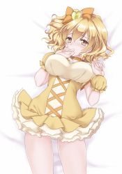 Rule 34 | 1girl, bed sheet, blonde hair, blush, bow, breasts, choker, covering own mouth, cowboy shot, cure pine, dated, dress, earrings, embarrassed, fresh precure!, hair bow, hair ornament, heart, heart-shaped pupils, heart earrings, heart hair ornament, highres, jewelry, large breasts, looking at viewer, lying, magical girl, okayashi, on back, orange bow, orange choker, precure, raised eyebrows, short dress, short hair, signature, solo, spread legs, symbol-shaped pupils, white background, yamabuki inori, yellow dress, yellow eyes