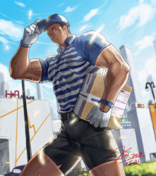 Rule 34 | 1boy, artist name, bara, belt, black eyes, bracelet, breasts, brown eyes, city, cloud, collared shirt, day, facial hair, gloves, hat, jewelry, jin (sirius-j), large breasts, large pectorals, looking at viewer, male focus, manly, mature male, muscular, muscular male, original, outdoors, package, pectorals, shirt, shorts, solo, stubble, sunlight, sweat, sweatdrop, thick arms, thick thighs, thighs, tight clothes, veins, wet, wet clothes, yaoi