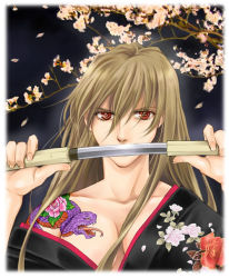 Rule 34 | 00s, 1girl, breasts, brown hair, cherry blossoms, cleavage, collarbone, covered mouth, floral print, flower, fujino shizuru, hair between eyes, japanese clothes, kimono, knife, large breasts, long hair, mico3, my-hime, off shoulder, petals, red eyes, serious, sheath, snake, solo, sword, tattoo, tree, unsheathing, upper body, weapon, wind
