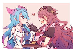 2girls alonemistrist blue_hair closed_eyes dragalia_lost dragon_girl dragon_horns fang feeding from_side gloves heart holding holding_spoon horns long_hair looking_at_another mercury_(dragalia_lost) multicolored_hair multiple_girls mym_(dragalia_lost) open_mouth pink_eyes pink_hair pointy_ears red_hair skin_fang spoon sweatdrop table two-tone_hair upper_body utensil_in_mouth very_long_hair yuri