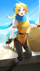 Rule 34 | 1girl, :d, absurdres, bare shoulders, blonde hair, blue eyes, blue hat, blue scarf, boots, braid, brown gloves, commentary request, dress, fingerless gloves, fire emblem, fire emblem: genealogy of the holy war, gloves, hat, highres, ikura (downdexp), nintendo, open mouth, orange dress, partial commentary, patty (fire emblem), sack, scarf, sleeveless, sleeveless dress, smile, solo, teeth, upper teeth only