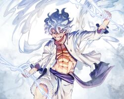 Rule 34 | 1boy, abs, absurdres, arm up, buttons, cloud, cloud hair, collarbone, commentary, curly eyebrows, curly hair, energy, english commentary, facial scar, frilled sleeves, frills, fur-trimmed shorts, fur trim, gear fifth, grin, hair between eyes, highres, jacket, kamiyama sumu, lightning, long sleeves, looking at viewer, male focus, monkey d. luffy, one piece, open clothes, open jacket, pectorals, purple sash, red eyes, sash, scar, scar on cheek, scar on chest, scar on face, shorts, simple background, smile, solo, teeth, v-shaped eyebrows, white background, white hair, white jacket, white shorts