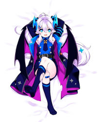 Rule 34 | 1girl, absurdres, arms behind head, bad id, bad pixiv id, bandaid, bandaid on knee, bandaid on leg, bed sheet, black wings, blue dress, blue eyes, blue necktie, dress, elsword, fang, from above, hair between eyes, highres, kneehighs, long hair, looking at viewer, luciela r. sourcream, lying, necktie, on back, open mouth, ponytail, shiny skin, short dress, silver hair, sleeveless, sleeveless dress, socks, solo, tama (tamatamo), timoria (elsword), torn clothes, torn legwear, torn socks, very long hair, white background, wings