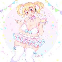 Rule 34 | 1girl, bare shoulders, blonde hair, breasts, cake, cleavage, food, highres, huge breasts, large breasts, looking at viewer, navel, nitroplus, open mouth, orange eyes, plump, skirt, smile, solo, super pochaco, thick thighs, thighhighs, thighs, twintails