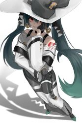 Rule 34 | 1girl, absurdres, bare shoulders, black bow, black choker, black gloves, bow, choker, creatures (company), dark green hair, dark miku (project voltage), different shadow, earrings, evil grin, evil smile, game freak, gen 8 pokemon, gloves, green footwear, grin, hat, hat bow, hatsune miku, highres, jewelry, long hair, long skirt, long sleeves, looking at viewer, luxury ball, nintendo, obstagoon, oneselt, poke ball, pokemon, project voltage, red eyes, simple background, skirt, smile, twintails, uneven twintails, very long hair, vocaloid, white background