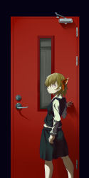 Rule 34 | 1girl, absurdres, black skirt, black vest, blonde hair, breasts, bright pupils, closed mouth, collared shirt, commentary, door, english commentary, expressionless, feet out of frame, hair ribbon, highres, kto znaet, long sleeves, looking at viewer, looking back, medium breasts, red eyes, red ribbon, ribbon, rumia, shirt, short hair, skirt, skirt set, solo, touhou, vest, white pupils, white shirt