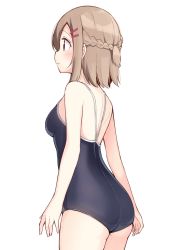 Rule 34 | 1girl, bare shoulders, black one-piece swimsuit, black school swimsuit, braid, brown eyes, brown hair, childhood friend (ominaeshi), competition school swimsuit, cowboy shot, from behind, highres, ominaeshi (takenoko), one-piece swimsuit, school swimsuit, solo, swimsuit