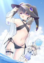 Rule 34 | 2girls, :d, absurdres, arms up, ball, beachball, bikini, black bikini, black headwear, blue sky, breasts, brown hair, cloud, criss-cross halter, cropped jacket, day, dress, grey hair, halterneck, hat, hat with ears, highres, holding, holding ball, jacket, lab coat, long hair, looking at viewer, low ponytail, minagi koharu, monochrome, multi-strapped bikini, multiple girls, navel, off shoulder, open clothes, open mouth, outdoors, pretzel bikini, red eyes, see-through, side-tie bikini bottom, sky, slow loop, small breasts, smile, standing, stomach, sunlight, swimsuit, test tube, thigh strap, two side up, uchino maiko, v-shaped eyebrows, wading, water, white dress, white jacket, yoshinaga koi