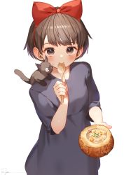 Rule 34 | 1girl, animal, animal on shoulder, bad id, bad twitter id, blush, brown eyes, brown hair, cat, cat on shoulder, dress, eating, fruit cup, headband, headpat, highres, holding, holding spoon, jiji (majo no takkyuubin), kiki (majo no takkyuubin), looking at viewer, majo no takkyuubin, purple dress, red ribbon, ribbon, ryota (ry o ta), short hair, signature, simple background, solo, spoon, standing, utensil in mouth, white background, wooden spoon