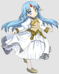 Rule 34 | 1girl, blue eyes, blue hair, clothes lift, dress, dress lift, forehead jewel, full body, grey background, highres, kalar (race), lifted by self, long hair, pantyhose, pointy ears, rance, rance (series), rance quest, reset kalar, shoes, simple background, smile, solo, standing, standing on one leg, white dress, white pantyhose, xiniu r&amp;f (lande hua hua)