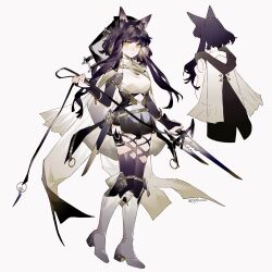 Rule 34 | 1girl, adapted costume, alternate costume, animal ear fluff, animal ears, arm belt, belt, belt buckle, black dress, black ribbon, black sleeves, blake belladonna, boots, breasts, bright pupils, buckle, cape, cat ears, closed mouth, clothing cutout, collared cape, commentary, cropped legs, dagger, dress, expressionless, eyelashes, flame tattoo, from behind, full body, gold belt, high heel boots, high heels, highres, holding, holding sword, holding weapon, holding whip, knee boots, knife, large breasts, leg ribbon, leg tattoo, long sleeves, looking at viewer, multiple belts, multiple views, off-shoulder dress, off shoulder, purple hair, purple ribbon, purple thighhighs, ribbon, rwby, shirt, short hair with long locks, shoulder cutout, sidelocks, simple background, sleeves past wrists, sword, symbol-only commentary, tattoo, thighhighs, thighs, weapon, white background, white cape, white footwear, white pupils, white shirt, yellow eyes, yuji (fantasia)