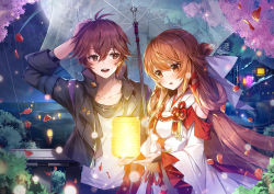 Rule 34 | 1boy, 1girl, apple caramel, black jacket, blush, brown eyes, brown hair, collarbone, commentary request, copyright request, hair between eyes, hair ornament, hair ribbon, highres, holding, holding umbrella, jacket, japanese clothes, kimono, long hair, looking at another, night, open mouth, outdoors, rain, red ribbon, ribbon, shirt, short hair, teeth, umbrella, upper teeth only, very long hair, white kimono, white ribbon, white shirt