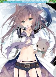 Rule 34 | 1girl, absurdres, animal ears, belt, black sailor collar, breasts, brown hair, buttons, candy, cat ears, cat girl, cat tail, cloud, collarbone, cowboy shot, dengeki moeou, denim, denim shorts, food, garter straps, gluteal fold, green eyes, highres, holding, inugami kira, long hair, long sleeves, looking at viewer, medium breasts, micro shorts, mouth hold, navel, open clothes, open shirt, purple ribbon, ribbon, sailor collar, shirt, shorts, solo, standing, star (symbol), star print, stomach, stuffed animal, stuffed toy, tail, teddy bear, thighs, umbrella, white shirt
