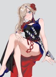 Rule 34 | 1girl, absurdres, arm support, asymmetrical hair, black dress, blonde hair, blue dress, blue eyes, blue footwear, blush, breasts, cleavage cutout, clothing cutout, crossed legs, dress, eyelashes, fate/samurai remnant, fate (series), flower, foot out of frame, grey background, hand on own thigh, highres, invisible chair, katana, large breasts, legs, long hair, looking at viewer, miyamoto musashi (fate), multicolored clothes, multicolored dress, one eye closed, parted bangs, red dress, rose, sheath, sheathed, side slit, sitting, sleeveless, sleeveless dress, solo, sword, weapon, yurumawari