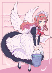 Rule 34 | 1girl, absurdres, alternate costume, angel, angel wings, blue eyes, bow, bucket, english text, enmaided, falling feathers, feathers, frills, gem, highres, holding, holding bucket, long hair, looking at viewer, maid, maid headdress, muto (n0sug4r), orange hair, original, parted lips, red bow, red neckwear, solo, water, wings
